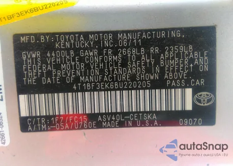 2011 Toyota Camry Se from USA, damaged, VIN 4T1BF3EK6BU220205